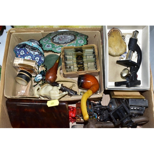 609 - THREE BOXES OF COLLECTIBLE ITEMS ETC, to include a small box of microscope slides, cased drawing ins... 