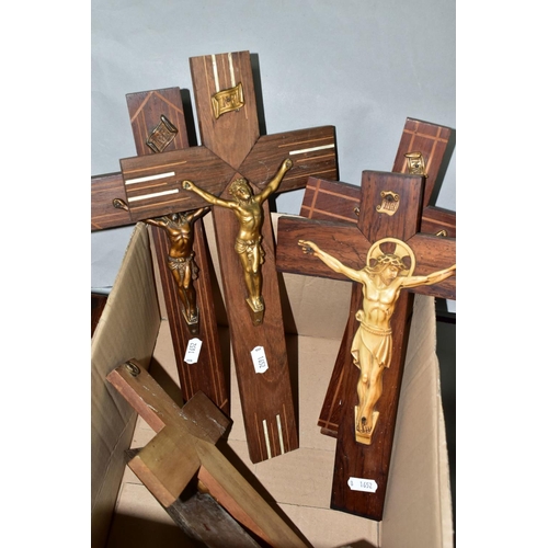 611 - SIX WOODEN CRUCIFIXES WITH METAL AND RESIN CHRIST FIGURES, approximate height of tallest 35cm