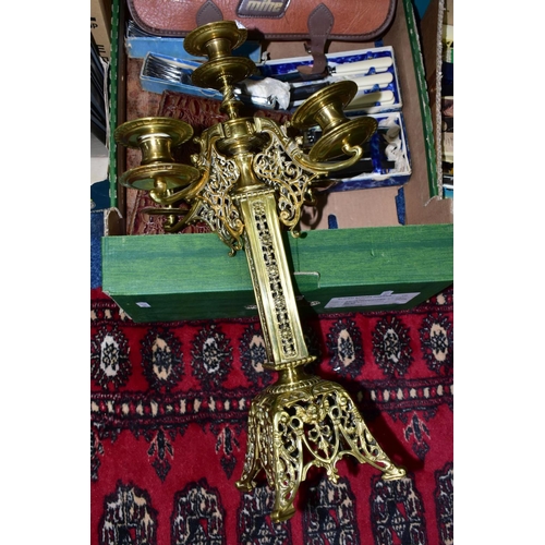 615 - A BOX OF METAL WARES ETC, comprising a brass five arm candelabrum, approximate height approximately ... 