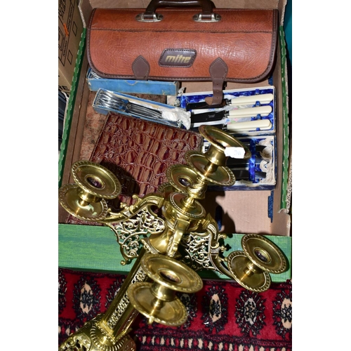 615 - A BOX OF METAL WARES ETC, comprising a brass five arm candelabrum, approximate height approximately ... 