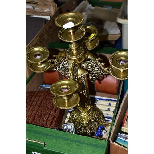 615 - A BOX OF METAL WARES ETC, comprising a brass five arm candelabrum, approximate height approximately ... 