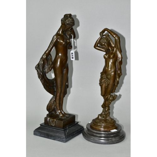 618 - TWO BOXED REPRODUCTION BRONZES OF FEMALE NUDES, one with a cherub, on marble style plinths, tallest ... 