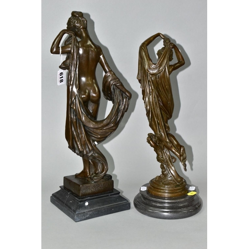 618 - TWO BOXED REPRODUCTION BRONZES OF FEMALE NUDES, one with a cherub, on marble style plinths, tallest ... 