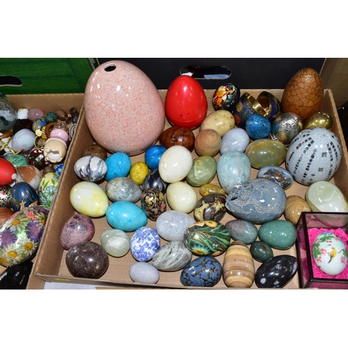 620 - FOUR BOXES OF DECORATIVE EGG ORNAMENTS, approximately one hundred and forty eggs to include polished... 