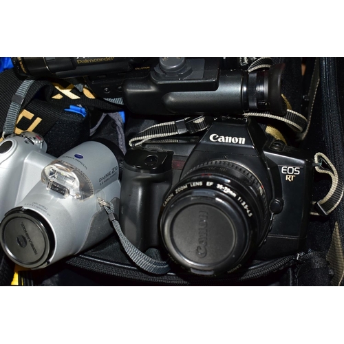 621 - TWO BOXES AND LOOSE CAMERAS AND PHOTOGRAPHIC EQUIPMENT, to include a Canon EOS RT 35mm SLR with f3.5... 