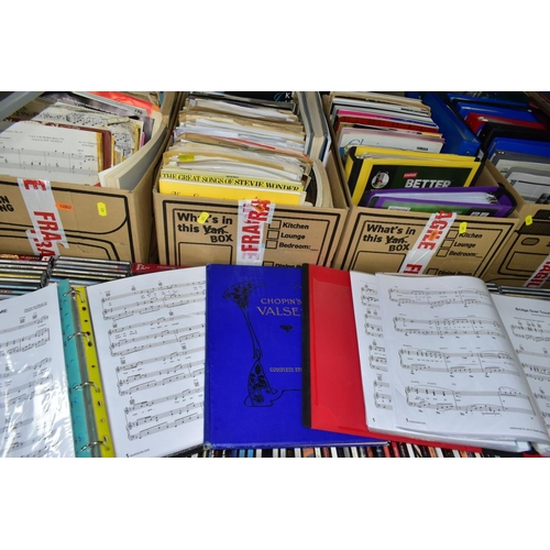 623 - NINE BOXES OF SHEET MUSIC, CDS AND RECORDS, to include four boxes of assorted sheet music for piano,... 