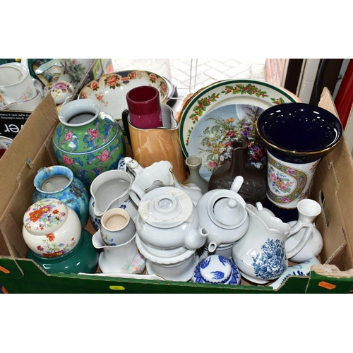 624 - THREE BOXES AND LOOSE CERAMICS AND SUNDRY ITEMS, to include three Crown Ducal covered pots, a Church... 