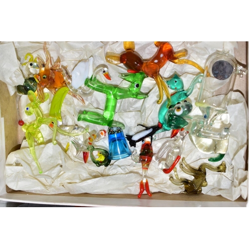 625 - FIVE BOXES OF DECORATIVE GLASSWARES, to include a box of marbles, lampwork creatures, a classical fi... 