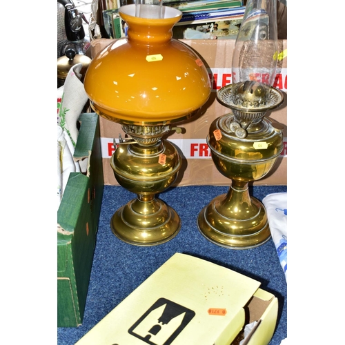 626 - THREE BOXES AND LOOSE METALWARES, LAMPS, CLOCK, RECORDS, PICTURES AND SUNDRY ITEMS, to include two b... 