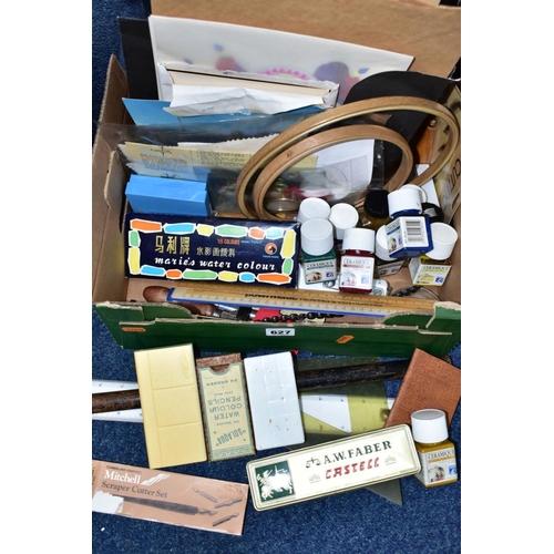 627 - TWO BOXES AND LOOSE VINTAGE ART AND CRAFT MATERIALS, PICTURES AND FRAMES, to include a boxed WM Brig... 