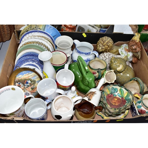 629 - FOUR BOXES OF CERAMICS AND GLASS, to include a framed pot lid, a Wedgwood Jasperware biscuit barrel,... 