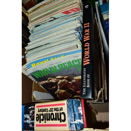 632 - BOOKS & MAGAZINES, a collection of approximately fifty hardback and paperback titles in four boxes, ... 