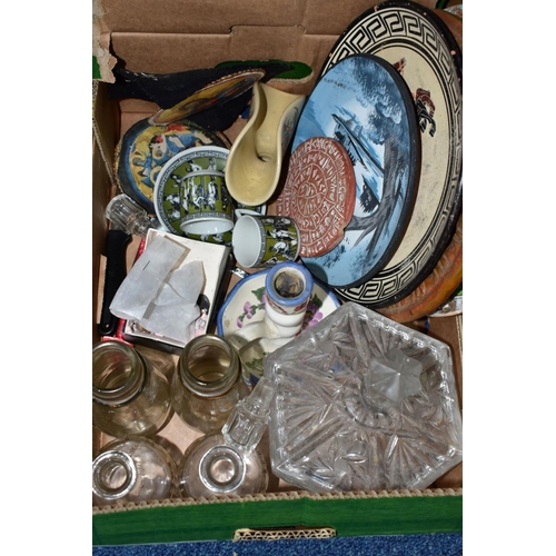 633 - TWO BOXES AND LOOSE TYPEWRITER, CLOCKS, CERAMICS, GLASS, TREEN AND SUNDRY ITEMS, to include a Reming... 