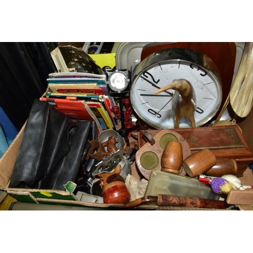 633 - TWO BOXES AND LOOSE TYPEWRITER, CLOCKS, CERAMICS, GLASS, TREEN AND SUNDRY ITEMS, to include a Reming... 