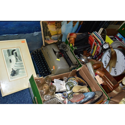 633 - TWO BOXES AND LOOSE TYPEWRITER, CLOCKS, CERAMICS, GLASS, TREEN AND SUNDRY ITEMS, to include a Reming... 