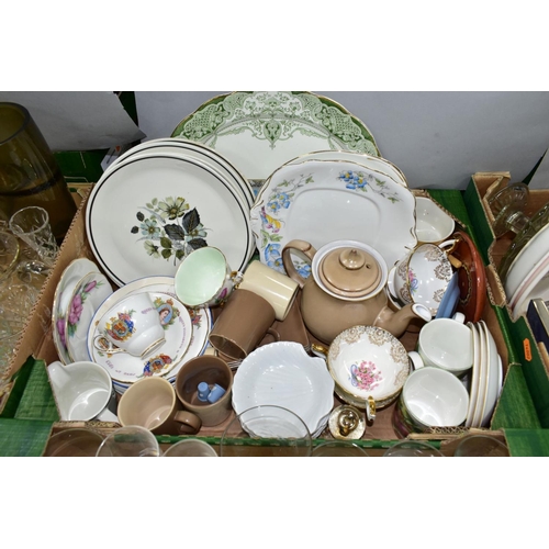 634 - SEVEN BOXES OF CERAMICS AND GLASSWARES, to include a Coalport April pattern rose bowl and vase, a ni... 