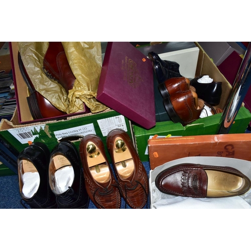 636 - THREE BOXES OF MEN'S SHOES, twenty four mainly boxed pairs, brands to include Crockett and Jones, Ba... 