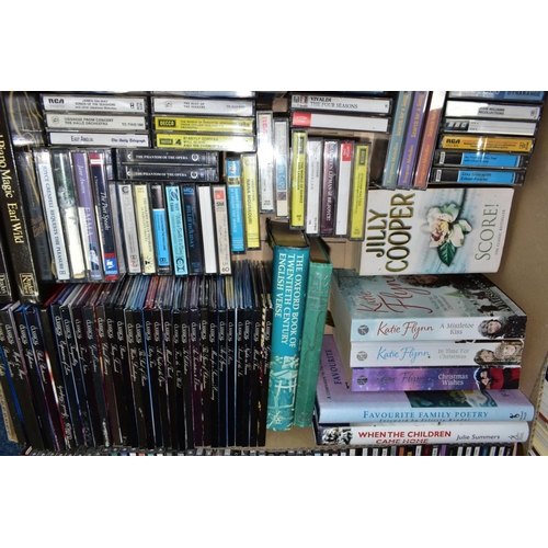 638 - SIX BOXES OF CDS, CASETTE TAPES, MAGAZINES AND BOOKS, the CDs and tapes feature a large collection o... 