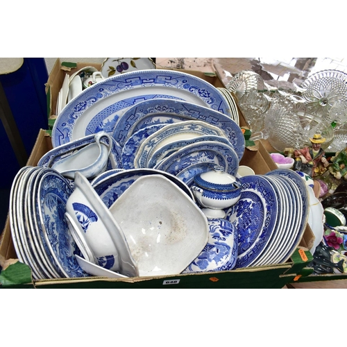 648 - FIVE BOXES OF CERAMICS AND GLASSWARES, to include a box of blue and white ceramics by various makers... 