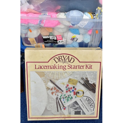 652 - FOUR BOXES AND LOOSE YARNS, KNITTING NEEDLES AND A LACE MAKING KIT, to include a Dryad Lacemaking St... 