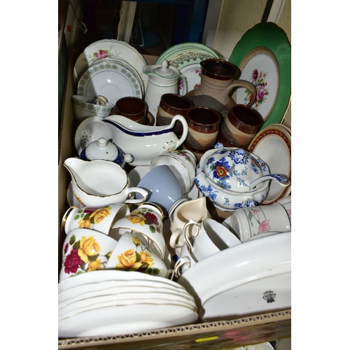 654 - FOUR BOXES AND LOOSE CERAMICS AND GLASSWARES, to include a Booths 'Flora' covered soup tureen and la... 