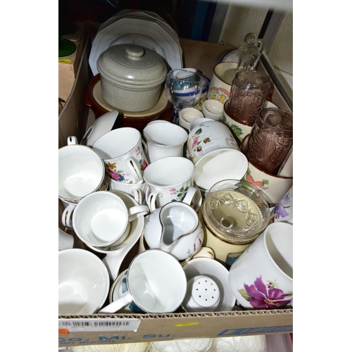 654 - FOUR BOXES AND LOOSE CERAMICS AND GLASSWARES, to include a Booths 'Flora' covered soup tureen and la... 