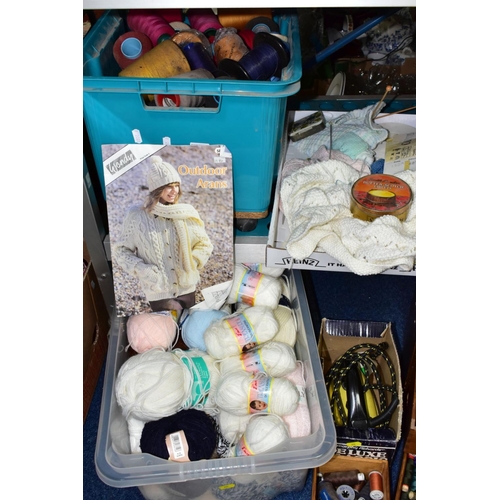 655 - KNITTING AND SEWING INTEREST: 3 BOXES AND LOOSE YARNS AND THREADS, ETC, to include a small plywood c... 