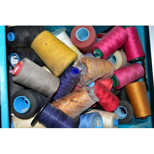 655 - KNITTING AND SEWING INTEREST: 3 BOXES AND LOOSE YARNS AND THREADS, ETC, to include a small plywood c... 