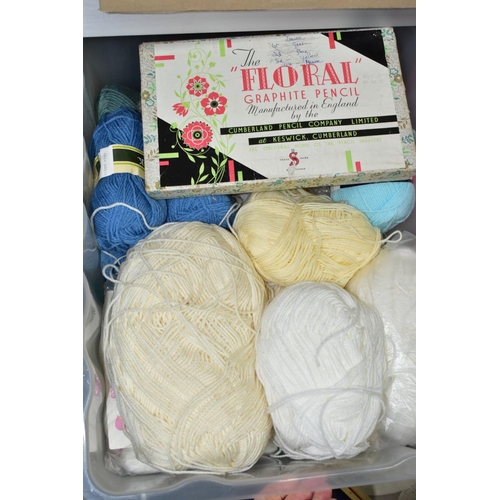 655 - KNITTING AND SEWING INTEREST: 3 BOXES AND LOOSE YARNS AND THREADS, ETC, to include a small plywood c... 