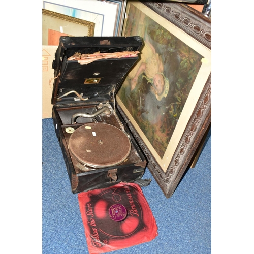 658 - SIX BOXES AND LOOSE GRAMOPHONE, METALWARES, PICTURES, TREEN AND SUNDRY ITEMS, to include a His Maste... 