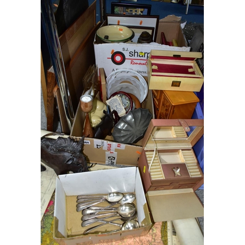 664 - THREE BOXES AND LOOSE BOOKS, PICTURES, KITCHENALIA AND SUNDRY ITEMS, to include a pair of cream enam... 