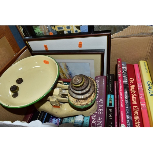 664 - THREE BOXES AND LOOSE BOOKS, PICTURES, KITCHENALIA AND SUNDRY ITEMS, to include a pair of cream enam... 