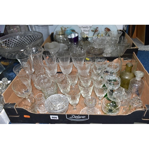 666 - THREE BOXES AND LOOSE GLASSWARES, to include a crystal pedestal bowl with old repair, a Haig's Dimpl... 