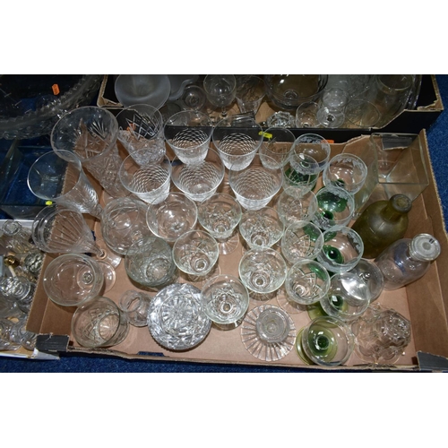 666 - THREE BOXES AND LOOSE GLASSWARES, to include a crystal pedestal bowl with old repair, a Haig's Dimpl... 