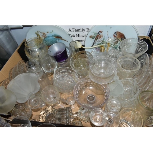 666 - THREE BOXES AND LOOSE GLASSWARES, to include a crystal pedestal bowl with old repair, a Haig's Dimpl... 