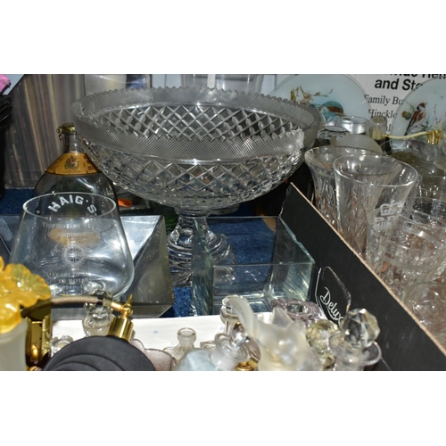 666 - THREE BOXES AND LOOSE GLASSWARES, to include a crystal pedestal bowl with old repair, a Haig's Dimpl... 