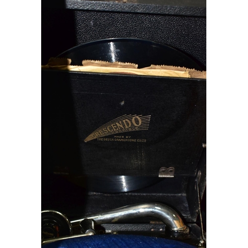 675 - TWO BOXES AND LOOSE GRAMOPHONE, RECORD PLAYER AND RECORDS, to include a Decca Crescendo portable gra... 