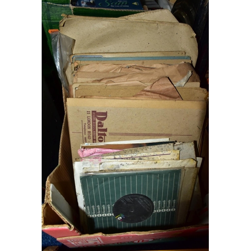 675 - TWO BOXES AND LOOSE GRAMOPHONE, RECORD PLAYER AND RECORDS, to include a Decca Crescendo portable gra... 