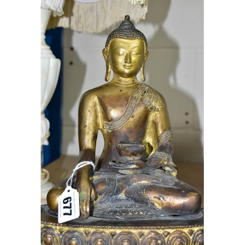 677 - A GILT BRONZE FIGURE OF BUDDHA AND OTHER FIGURES, comprising Buddha figure in traditional seated pos... 