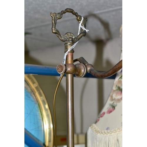 678 - TWO TABLE LAMPS, comprising a French brass adjustable lamp, height 59cm, fitted with a pale green mo... 