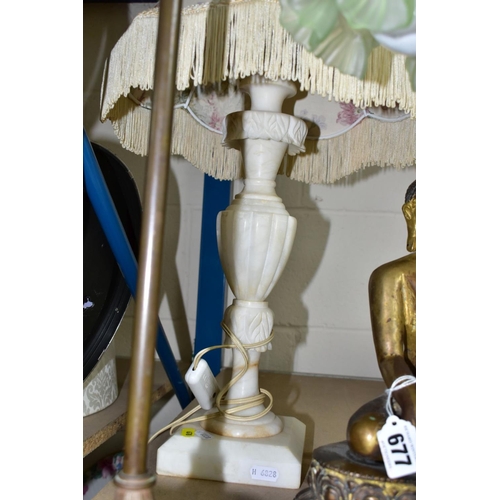 678 - TWO TABLE LAMPS, comprising a French brass adjustable lamp, height 59cm, fitted with a pale green mo... 