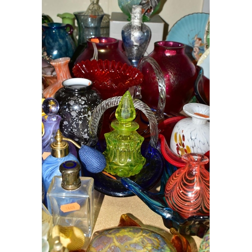 680 - A LARGE GROUP OF COLOURED GLASSWARES, approximately fifty pieces to include a boxed Fenton green pea... 