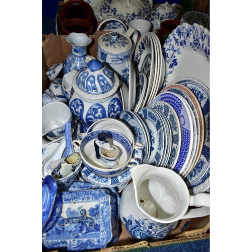 684 - FIVE BOXES OF CERAMICS AND GLASSWARES, to include a thirty two piece Royal Stafford dinner service, ... 