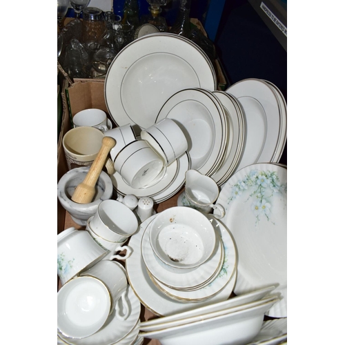 684 - FIVE BOXES OF CERAMICS AND GLASSWARES, to include a thirty two piece Royal Stafford dinner service, ... 