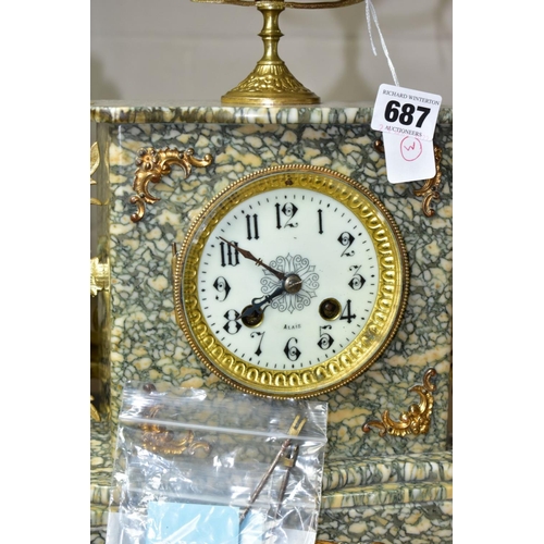 687 - AN EARLY 20TH CENTURY SPECKLED GREY MARBLE AND GILT METAL MANTEL CLOCK, urn surmount, foliate side h... 