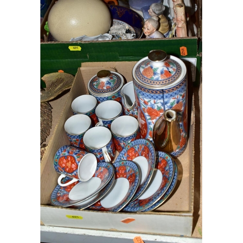 691 - FOUR BOXES AND LOOSE CERAMICS, to include a fifteen piece modern Japanese tea set, a pottery dish mo... 