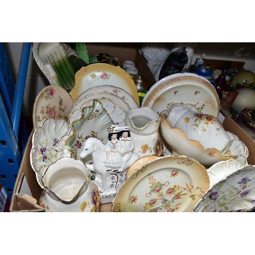 691 - FOUR BOXES AND LOOSE CERAMICS, to include a fifteen piece modern Japanese tea set, a pottery dish mo... 