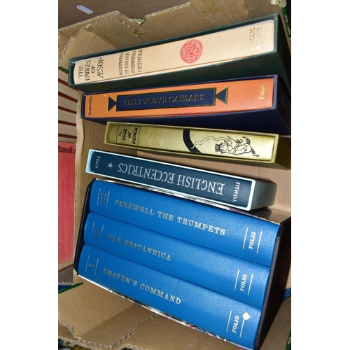 692 - THREE BOXES AND LOOSE BOOKS AND NEWSPAPERS, comprising five Folio Society publications to include th... 