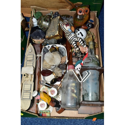 693 - FOUR BOXES AND LOOSE SUNDRY ITEMS, to include a Singer Featherweight Plus sewing machine and a baske... 