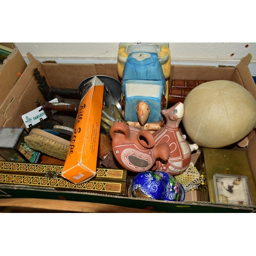 693 - FOUR BOXES AND LOOSE SUNDRY ITEMS, to include a Singer Featherweight Plus sewing machine and a baske... 